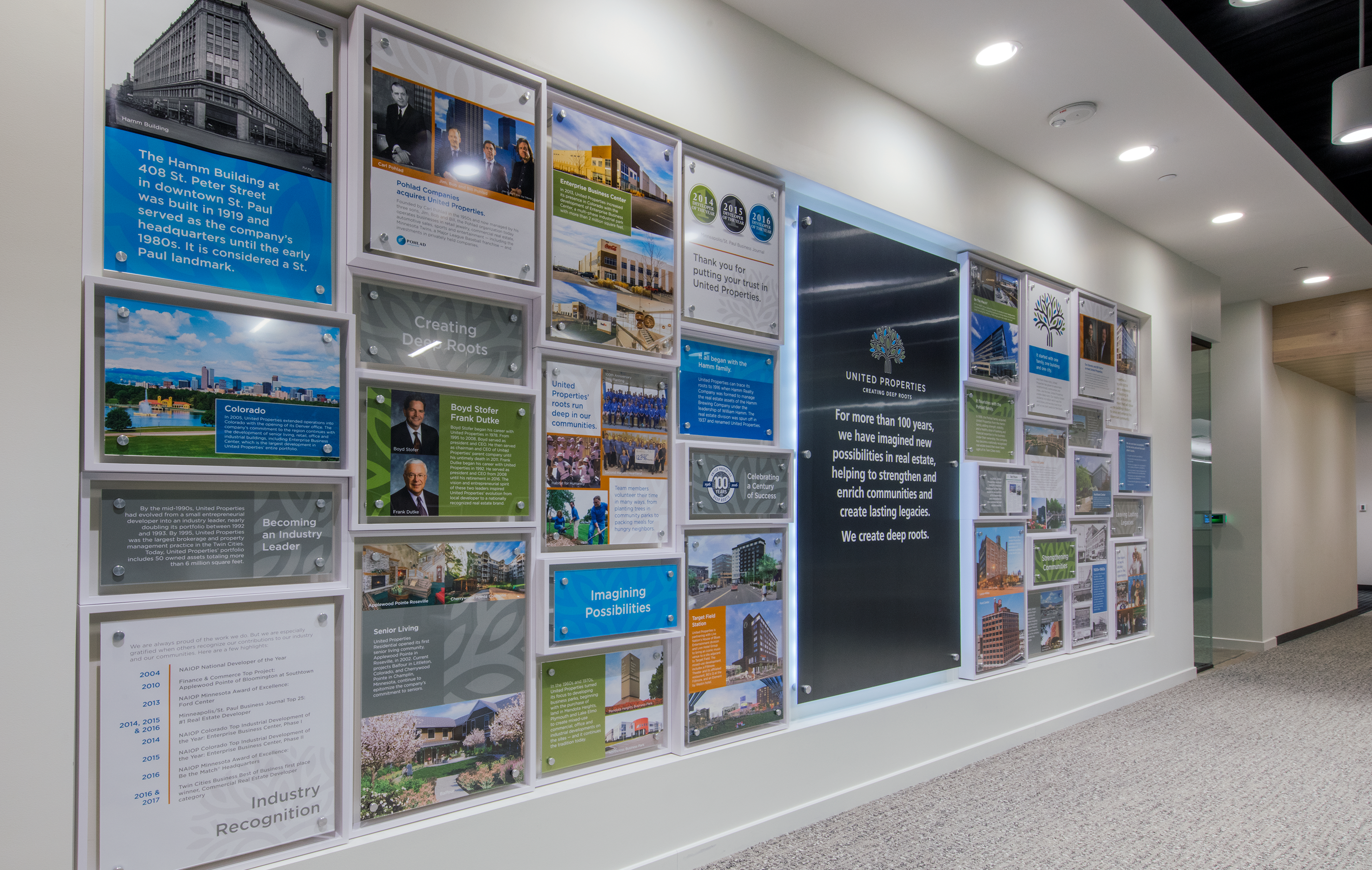United Properties' brand wall in office