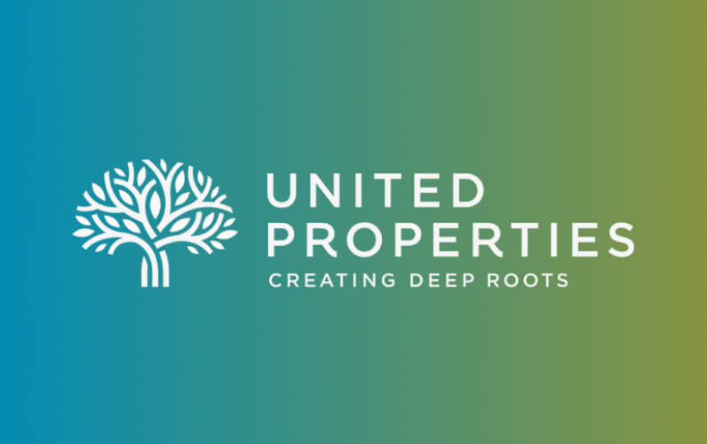 Gradient blue to green with United Properties logo on top